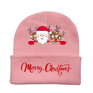 Pink Christmas knit beanie with cartoon Santa pattern and Merry Christmas embroidery
