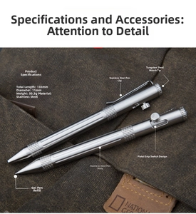 Detailed specs of the stainless steel tactical pen with bolt action design and tungsten tip