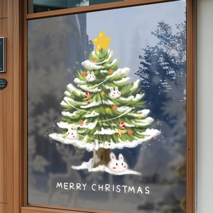 Christmas Tree Window Cling Static Sticker PVC Both Sides Colored Merry Christmas Rabbit Pattern Glass Decor Festive Shop Window
