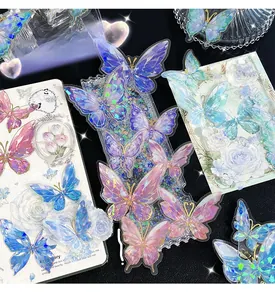 Detailed view of colorful laser holographic butterfly stickers with liquid sand filling