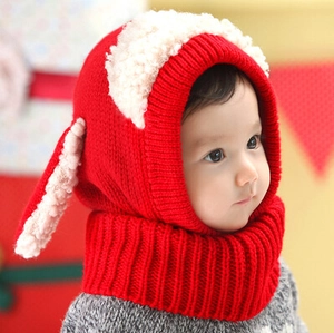 Red knit baby hooded scarf with cute puppy ears and warm white fleece trim detail