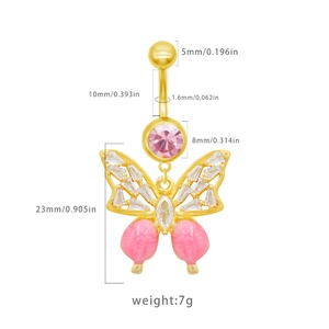 Gold butterfly belly ring with pink stones and detailed dimensions for women