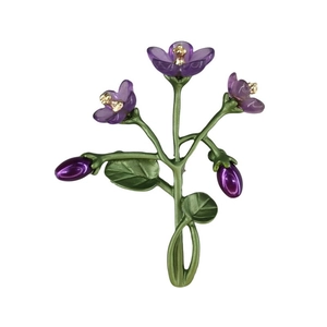 Violet flower brooch with green metal leaves and freshwater pearls on white background