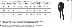 Detailed size chart for long sleeve waist-cinching jumpsuit with measurement guide