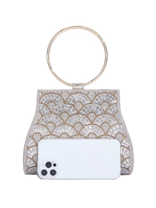 Sparkly rhinestone clutch bag with gold round handle and smartphone for size comparison