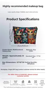 Detailed view of linen makeup bag with cat floral art print and secure zipper closure