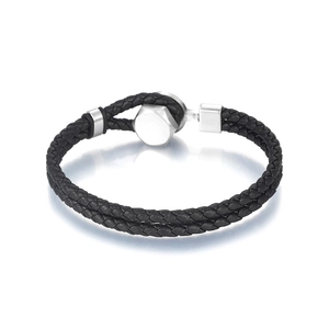 Double-layer braided black leather bracelet with stainless steel hexagonal stud magnetic clasp
