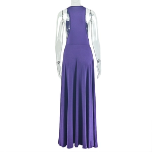 Detail view of purple maxi dress with a racerback design and elegant draped fabric