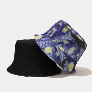 Reversible Van Gogh Starry Night and solid black canvas sun protection bucket hat