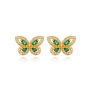Elegant gold butterfly stud earrings with sparkling green marquise stones and clear crystals