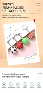 Detail of mini sports ball keychains showing football, basketball and tennis textures