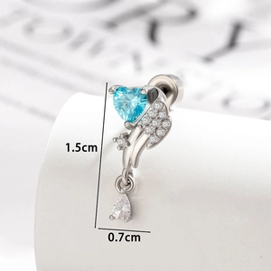 Titanium steel heart wing ear stud with blue zircon and water drop crystal detail