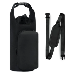 Macro detail of black waterproof water bottle bag with adjustable shoulder strap and zipper