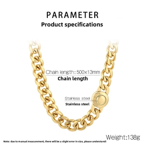 Detail view of 13mm gold cuban link necklace in stainless steel with 500mm length specs