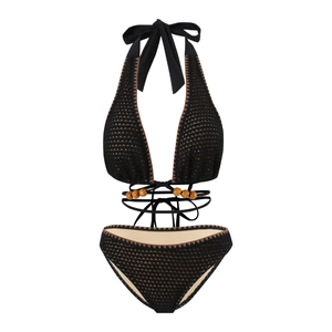 Detail of black crochet bikini set with brown wooden beads and intricate knit patterns