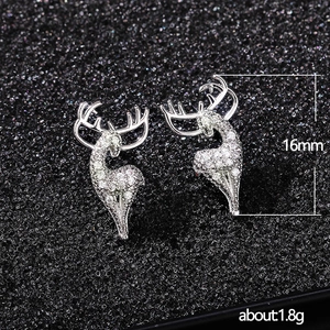 Silver reindeer stud earrings with sparkling zircon stones for Christmas gift, 16mm height