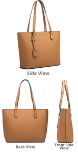 Detailed views of caramel brown large tote bag with cross-grain texture from multiple angles