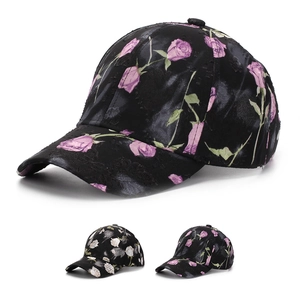 Rose Floral Print Baseball Cap Polyester Adjustable Outdoor Distressed Sun Hat For Women