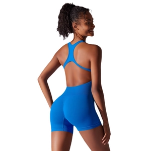 Royal blue backless yoga jumpsuit with high waist and seamless knitted fabric for fitness