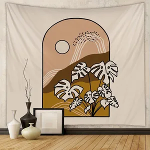 Bohemian Abstract Wall Tapestry Polyester Sun Mountain Monstera Leaf Print Hanging Cloth Home Decor Living Room Bedroom