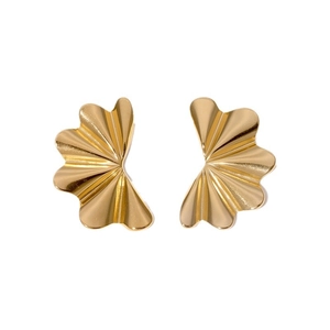 Minimalist gold fan-shaped pleated stud earrings with polished metallic finish
