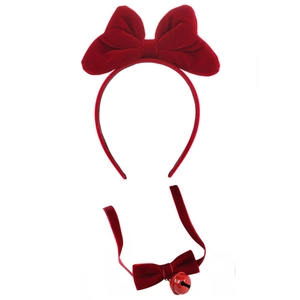 Détail de l'ensemble bandeau en velours rouge avec nœud et tour de cou à clochette