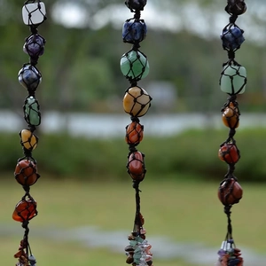 Detail of hand-woven Seven Chakra natural raw stones hanging ornament for car and home decor