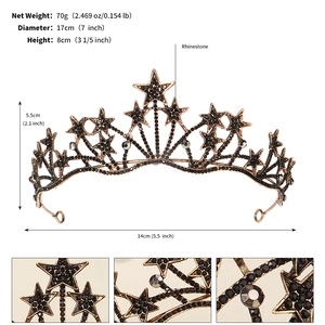 Detailed size specifications of the bronze star crown featuring black rhinestones and dimensions