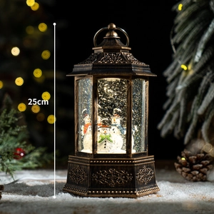 25cm vintage bronze Christmas lantern with snowmen family and warm LED festive glow