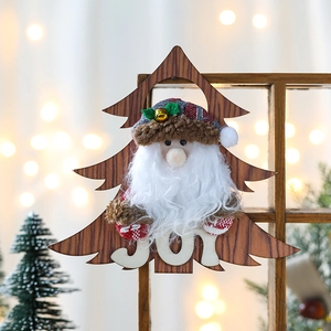 Wooden Santa Claus door hanger with red plaid fabric and JOY sign for Christmas decor