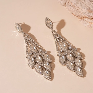Orecchini a frangia in argento con strass lucidi per abiti da sera eleganti e lussuosi