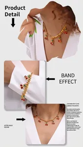 Detail view of red glass stone cherry jewelry set including necklace and bracelet