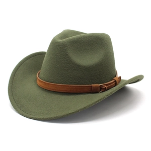 Macro detail of olive green wool felt cowboy hat with brown leather band and buckle