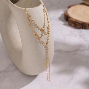 Elegant 18K gold-plated stainless steel mesh finger bracelet with cubic zirconia accents
