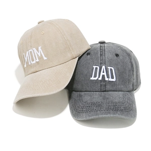 Vintage washed cotton baseball caps with MOM and DAD embroidery in beige and dark grey