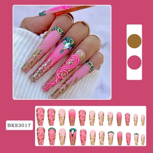 Pink long coffin press-on nails set with green gems and glitter flamingo art