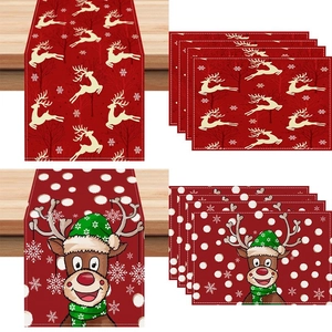 Table Runner And Placemats Christmas Elk Snowflakes Pattern Linen Polyester Festive Holiday Home Dining Decor