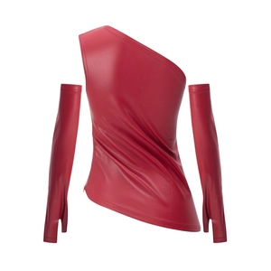Detail of red PU leather asymmetric one-shoulder top with matching finger-loop sleeves