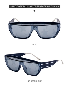 Macro view of sand dark blue square sunglasses with silver temples and pentagram lens detail