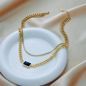 Double-layer gold plated stainless steel chain necklace with black rectangle pendant