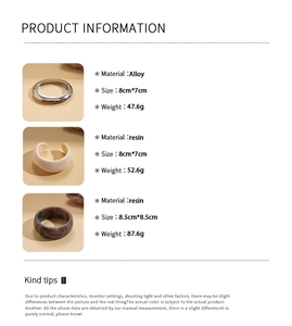 Detailed chart of resin and alloy bangle sizes and weights for retro geometric jewelry