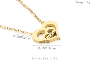 Detail view of gold stainless steel MOM heart pendant with dimensions and weight specs