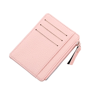 Slim pink faux leather card holder with 3 card slots and a side zipper pocket