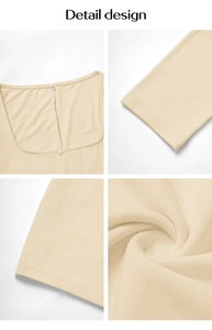 Detail design showing square neckline with S label and ribbed knit texture fabric