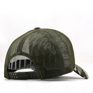Army green mesh camouflage trucker hat featuring an adjustable snapback closure