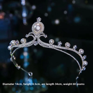 Detailed view of Baroque silver crown with pearls and crystals measuring 14cm diameter