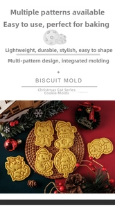 Detail view of 5-piece Christmas cat cookie cutters showing clear festive embossed textures