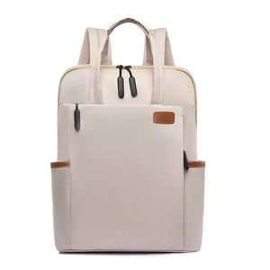Chic beige oxford fabric backpack for women with large capacity and brown leather details