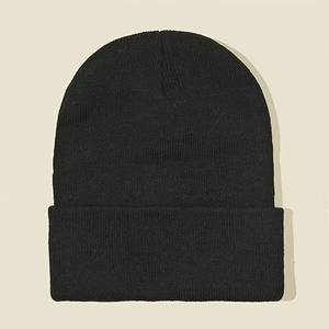 Classic black knitted beanie with wide fold-over cuff for winter warmth and casual style
