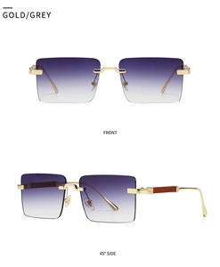 Detail einer randlosen rechteckigen Sonnenbrille mit lila Verlaufsgläsern und Holzbügeln